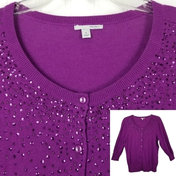 Halogen Womens Size XL Office Siren Sequin Cardigan Sweater 3/4 Sleeve Purple - Picture 1 of 8